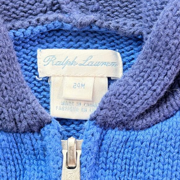 Ralph Lauren Big Pony Full-Zip Knit Hooded‎ Sweater Baby 24M Preppy Blue Yellow - Picture 3 of 8